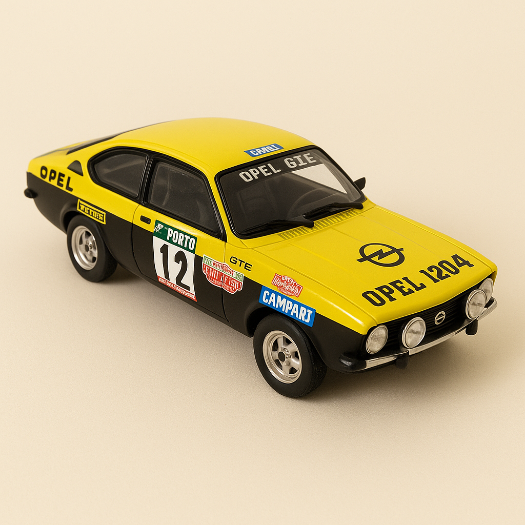 Opel Kadett GTE jaune et noire numéro 12 - rallye du Portugal de 1976 - collection TROFEU