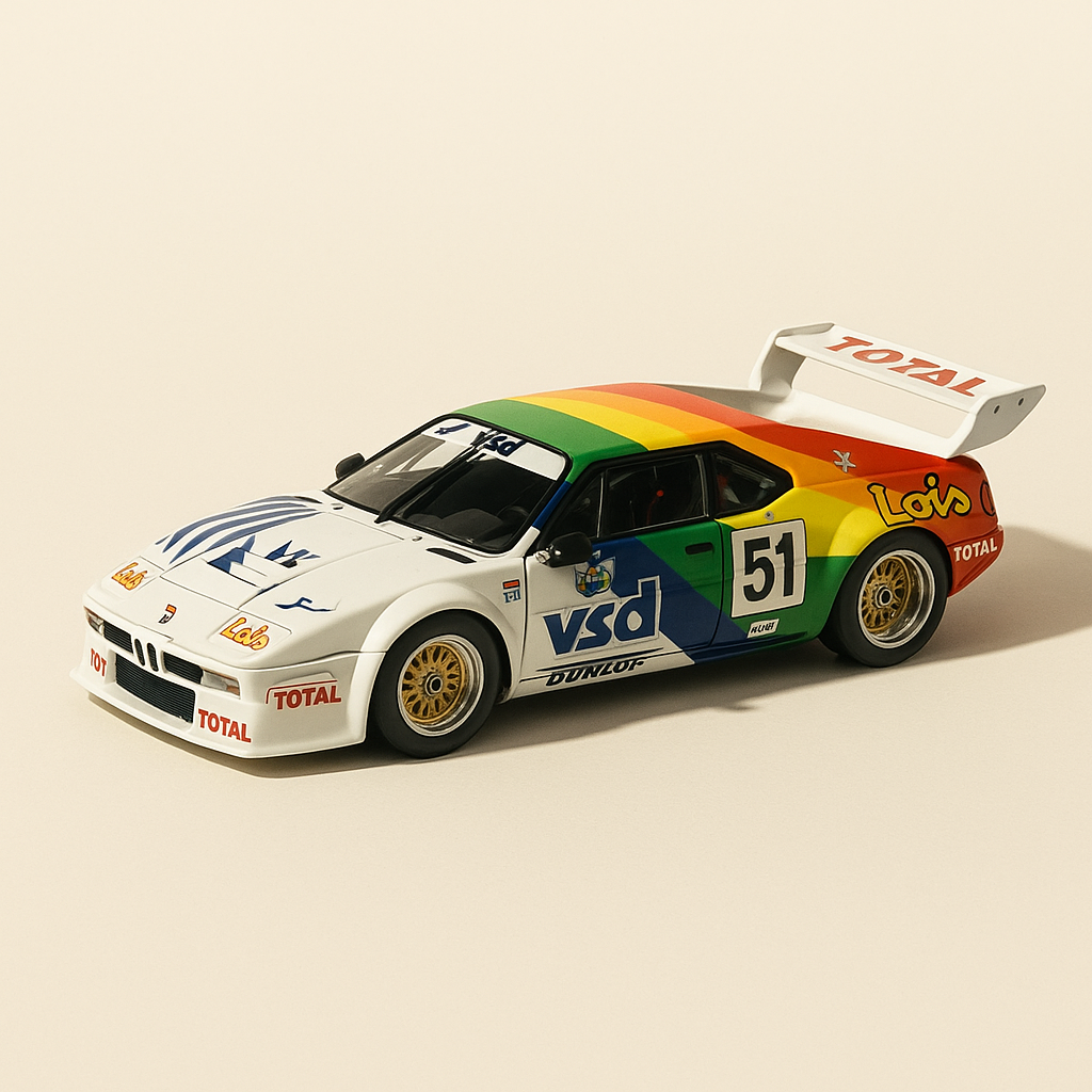 BMW M1 blanche, verte, jaune, orange et rouge numéro 51 - 24 heures du Mans de 1981
