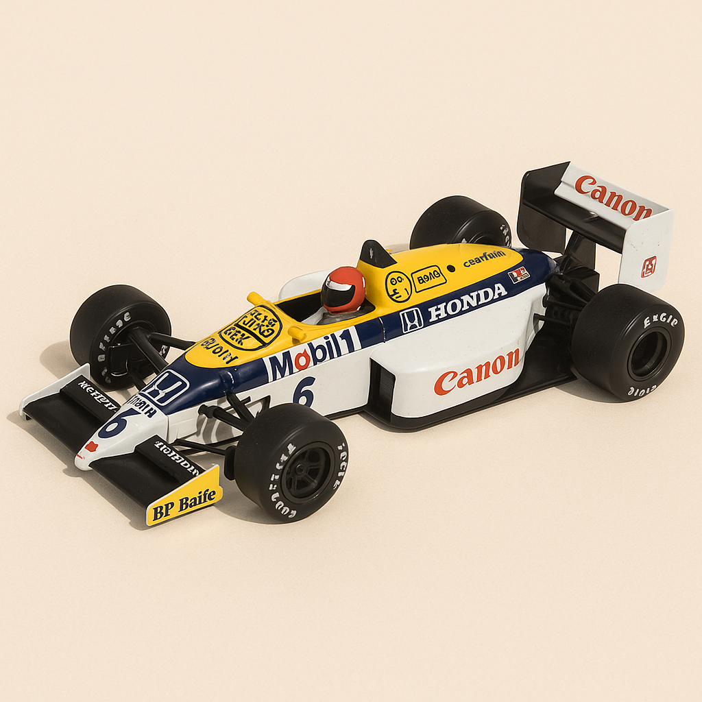 Williams FW11B wäiss, blo a giel Nummer 6 vum 1987