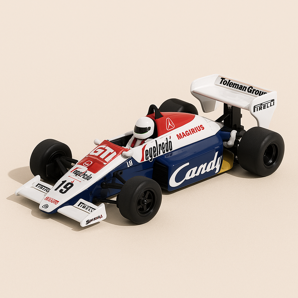 Toleman TG184 blanche, bleue et rouge numéro 19 de 1984 - Formule 1 (Ayrton Senna)
