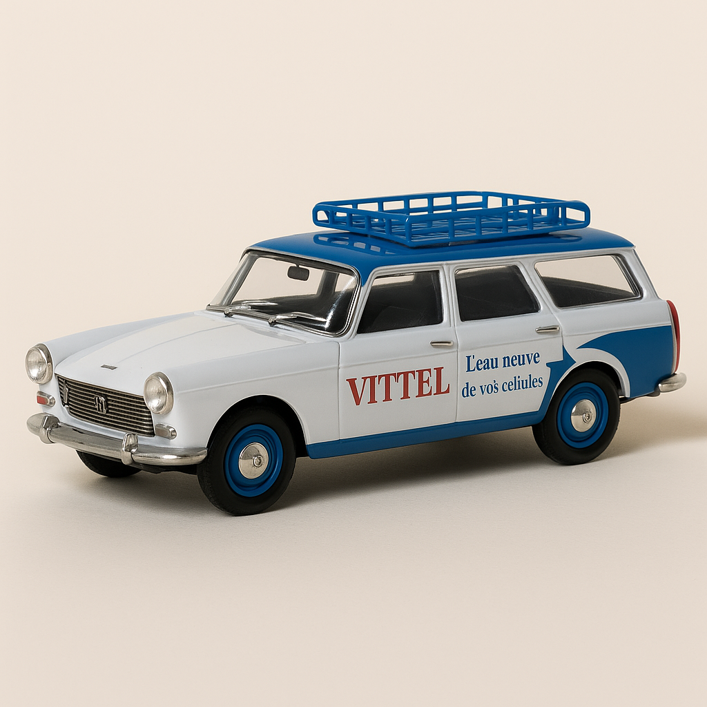 Peugeot 404 break vitrée bleue et bleue avec publicité VITTEL