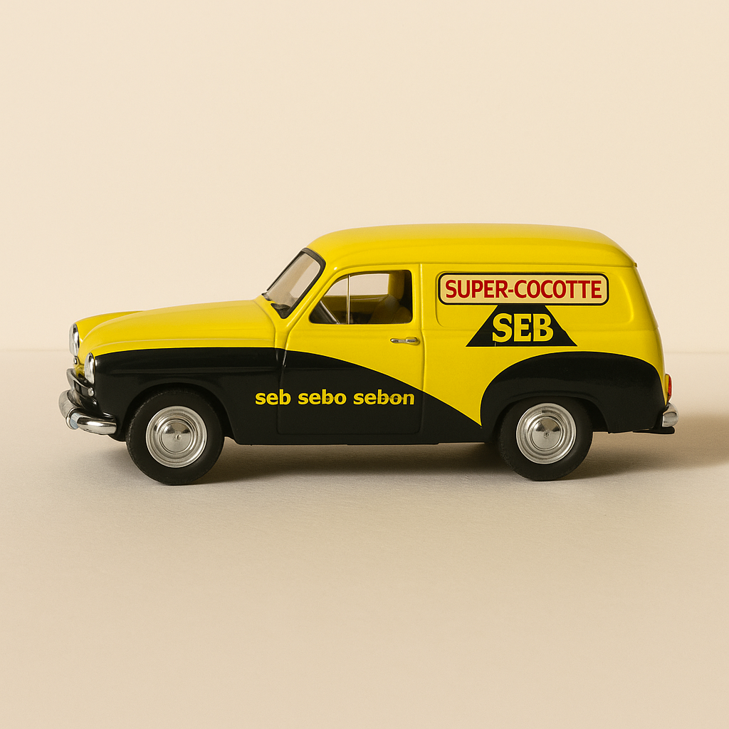 Simca P60 Messagère jaune et bleue avec publicité SUPER COCOTTE