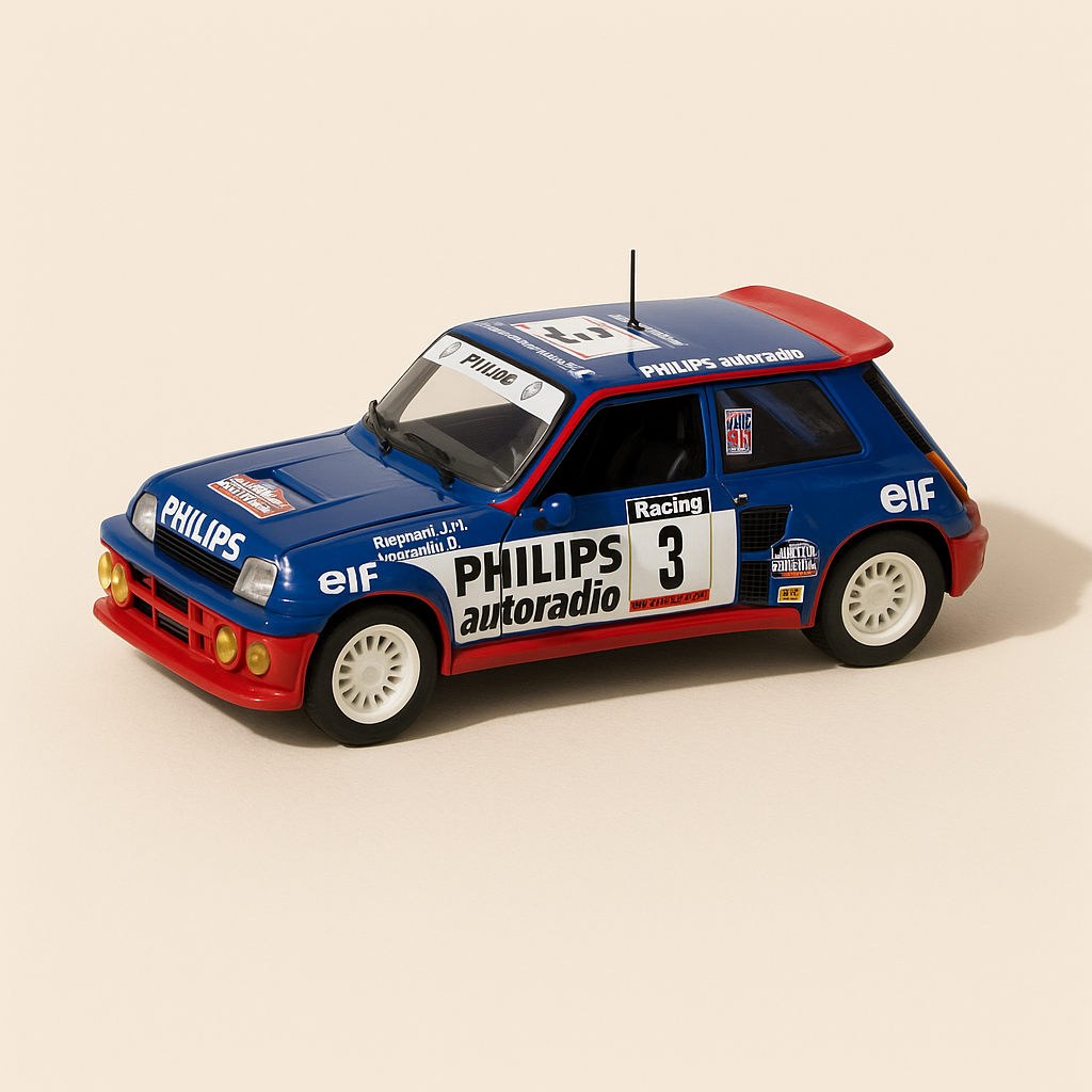 Renault 5 maxi turbo azul, blanco y rojo número - Tour de Corse de 1985