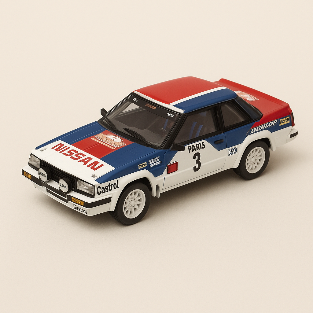 Nissan 240RS bleue, blanche et rouge numéro 3 - Rallye de Monté-Carlo de 1984