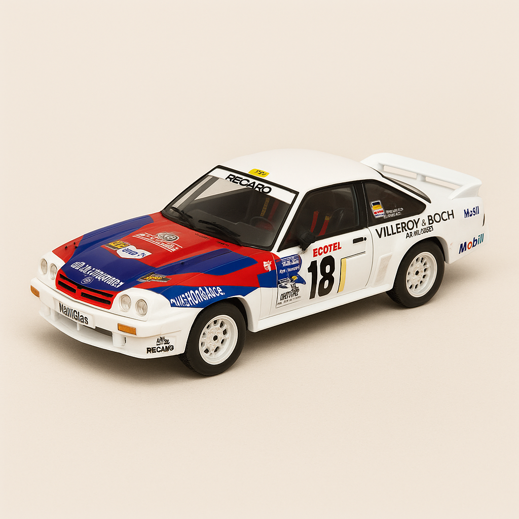 Opel Manta 400 blanche, bleue et rouge numéro 18 - Rallye de Monté-Carlo de 1986 - Image haute qualité