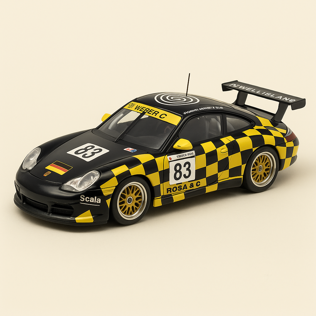 Porsche 911 GT3 RS czarna i żółta + szachownice numer 83 - 24 godziny Le Mans 2001