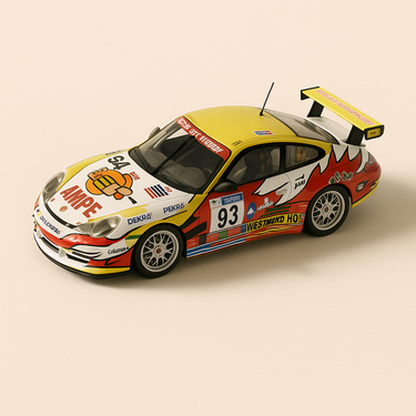 Porsche 911 GT3-RS blanche, rouge et jaune numéro 93 - 24 heures du Mans de 2003 - Image haute qualité