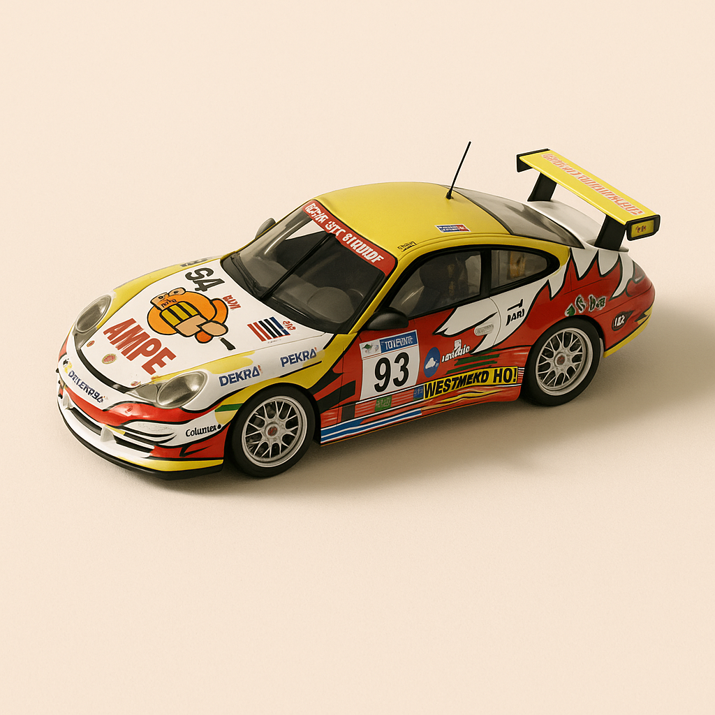 Porsche 911 GT3-RS blanche, rouge et jaune numéro 93 - 24 heures du Mans de 2003 - Image haute qualité