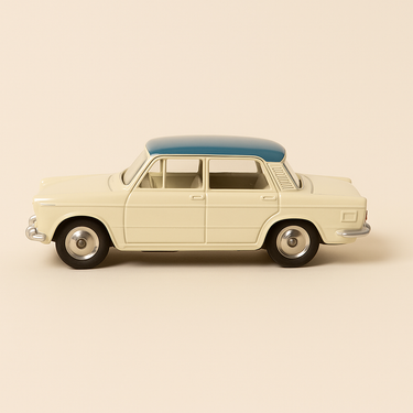 Photo professionnelle de la voiture miniature Fiat 1200 Grande Vue Jaune Pale Beige Et Toit Bleu Grise Dinky Toys Editions Atlas - Image clean haute qualité