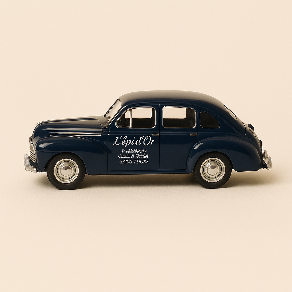 Ford Bee gris oscuro con publicidad de L'EPI D'OR