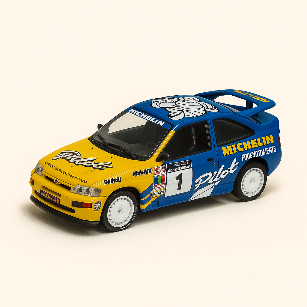 Ford Escort RS Cosworth jaune et bleue numéro 1 MICHELIN