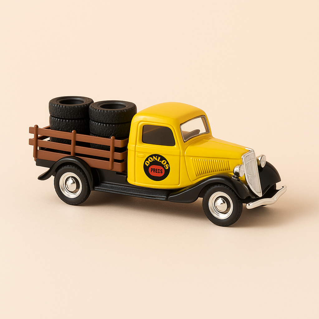 Camión Ford amarillo y negro de 1936 (anuncio de Dunlop)