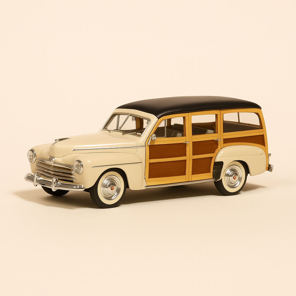 1948 Biały, brązowy i czarny Ford Woody (samochód amerykański) - pudełko z pleksiglasu