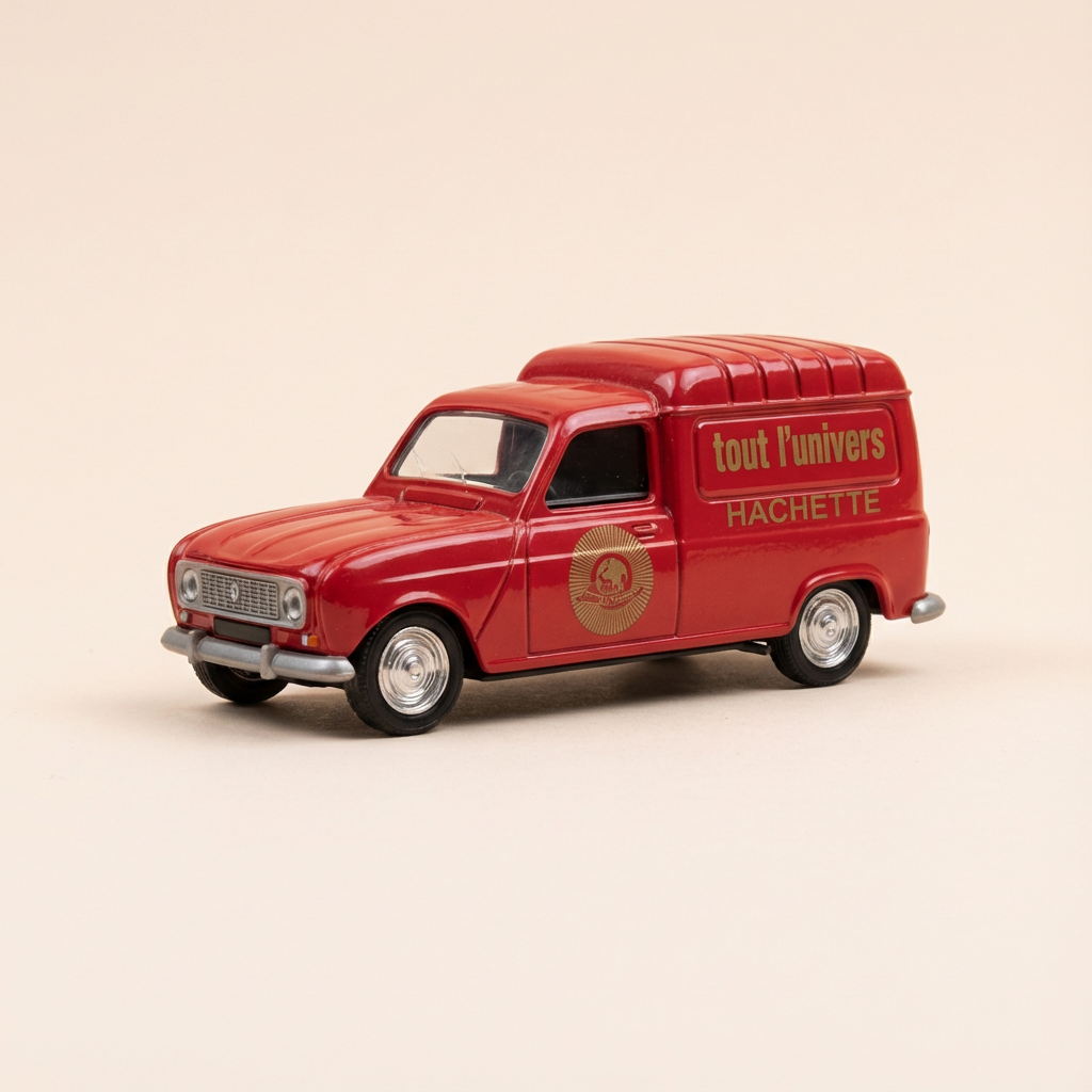 Voiture miniature - Renault 4L fourgonnette rouge avec publicité Tout l'Univers - Hachette (voiture rajoutée sur un socle)