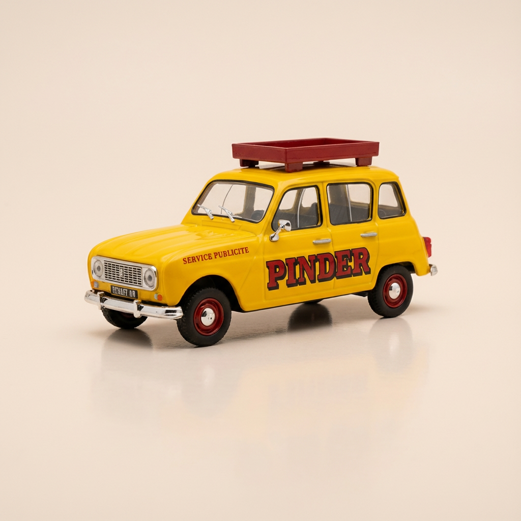 Voiture miniature - Renault 4L  jaune PINDER service publicité (voiture rajoutée sur un socle)