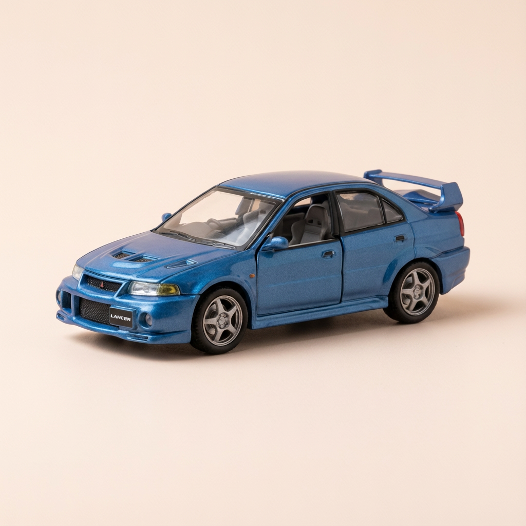 Mitsubishi Lancer bleue (voiture rajoutée sur un socle)