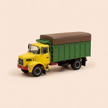 Voiture miniature - Camion Berliet GL 900 cabine jaune, caisse verte et bâche marron