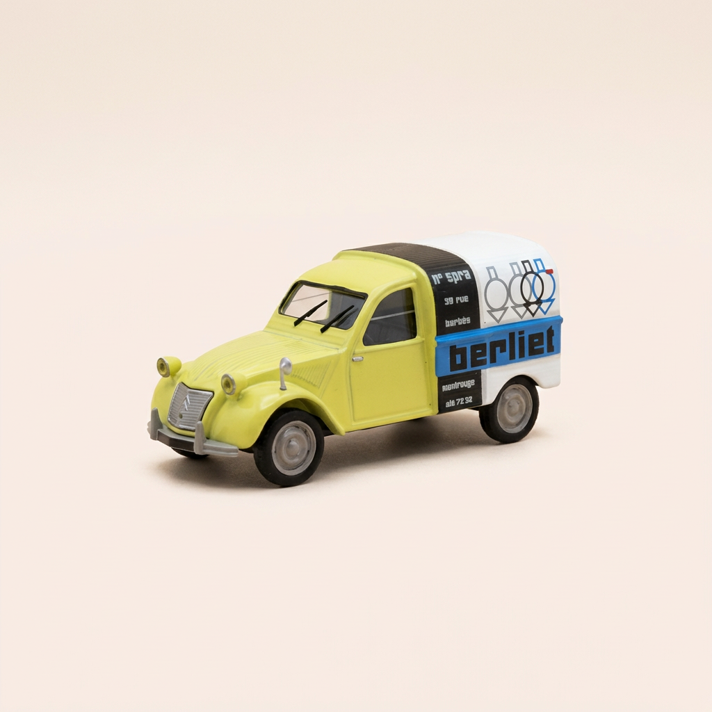 Citro7en 2 CV giel, wäiss, schwaarz an bloo mat BERLIET Logo