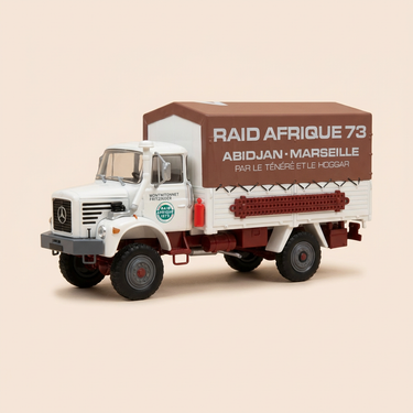 Voiture miniature - Camion Berliet L 64 8/R 4x4 blanc et bâche marron - raid Afrique 73