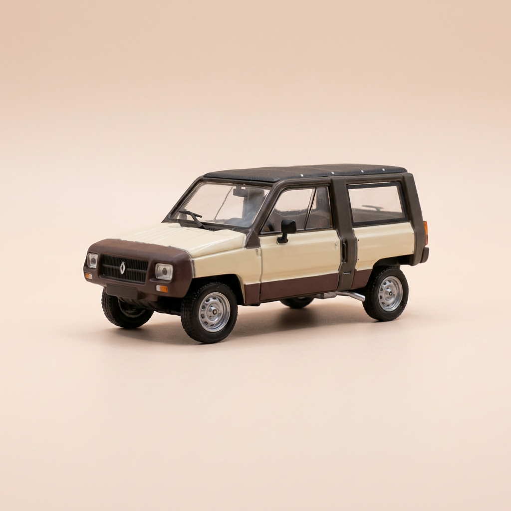Renault Rodéo 5 castanho e bege de 1982 (carro adicionado em uma base)