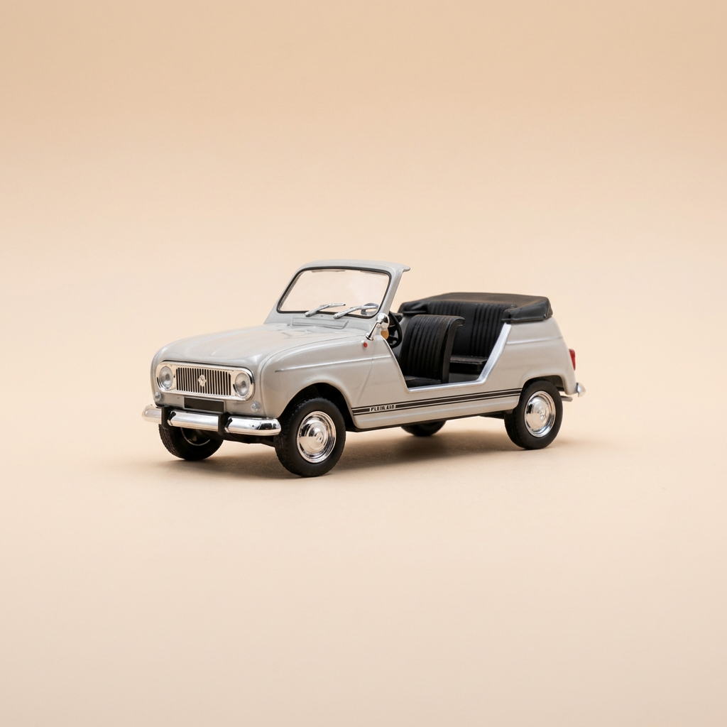 Renault R4 Plein-Air beż z 1968 roku (samochód umieszczony na podstawce)