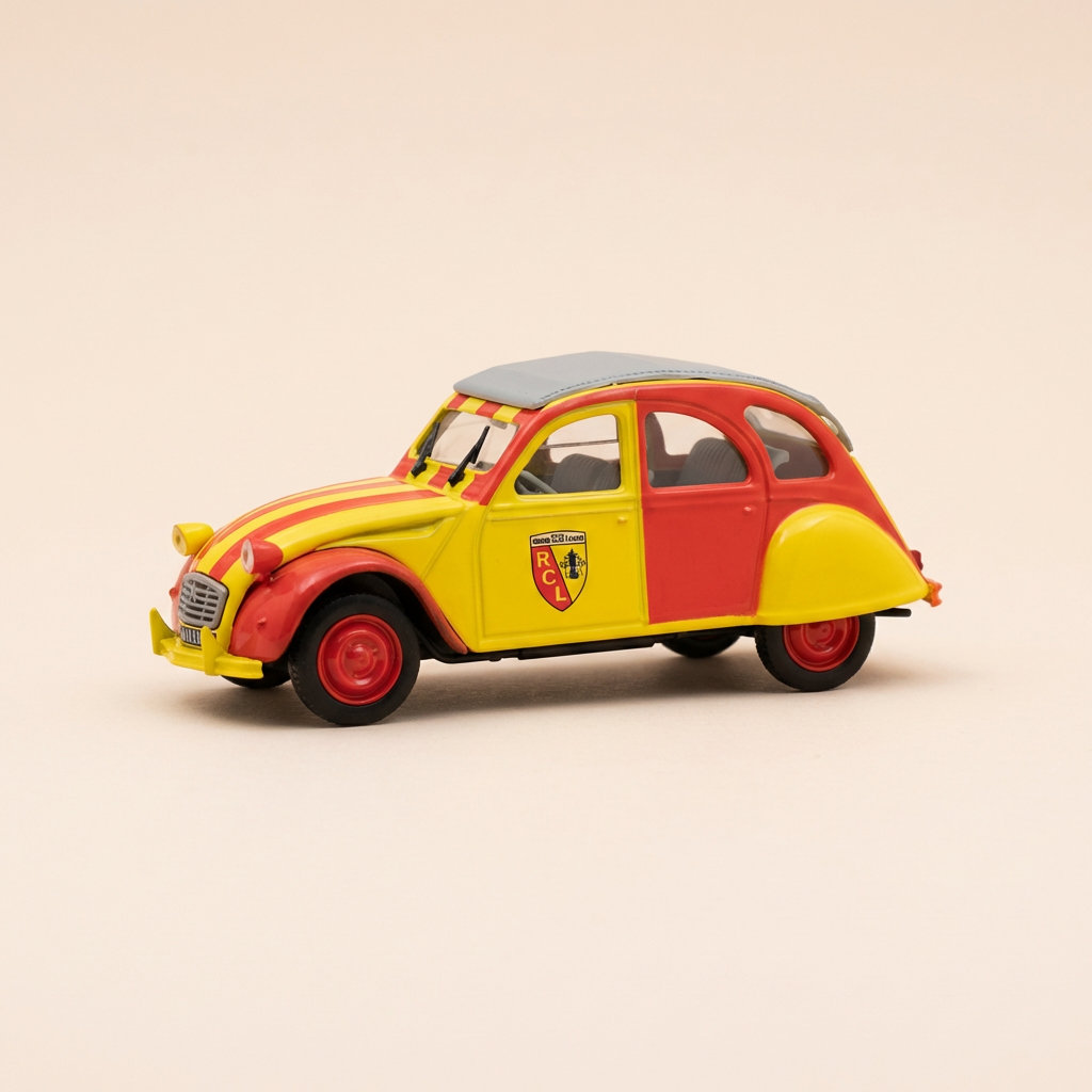 Citroën 2 CV6 amarelo e vermelho (carro em homenagem à equipe de Futebol do Racing Club de LENS) - Norev