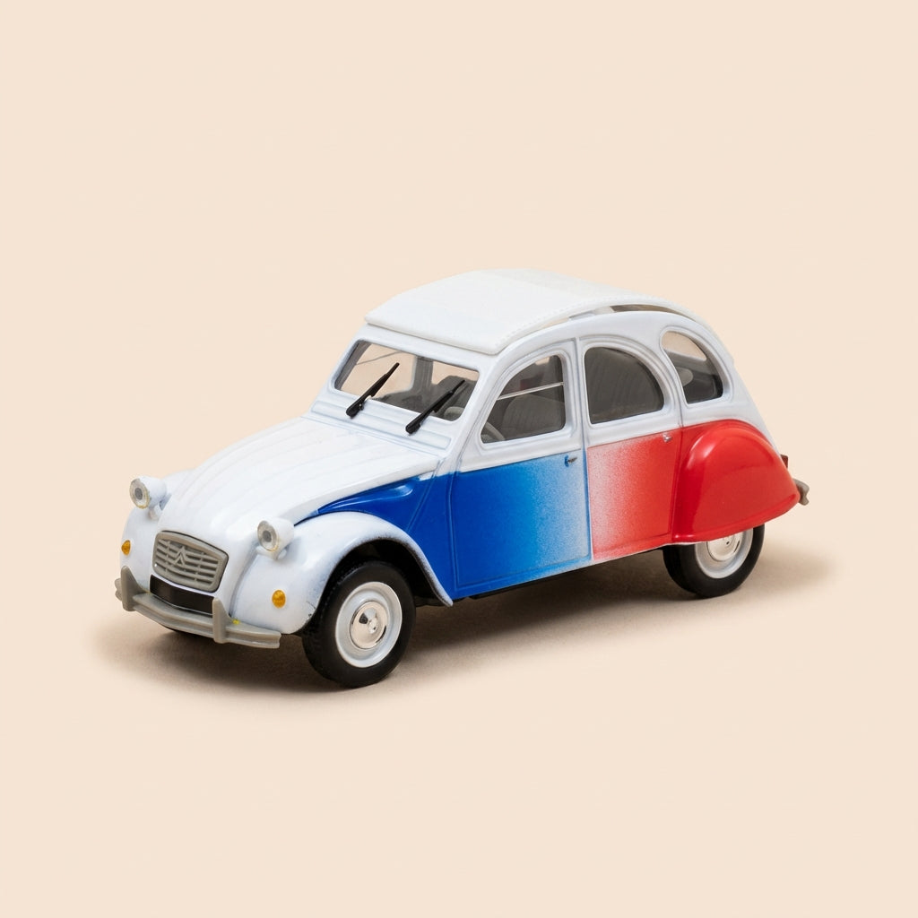 Citroën 2 CV 6 bleue, blanche et rouge (2 CV COCORICO) - Norev (sous blister)