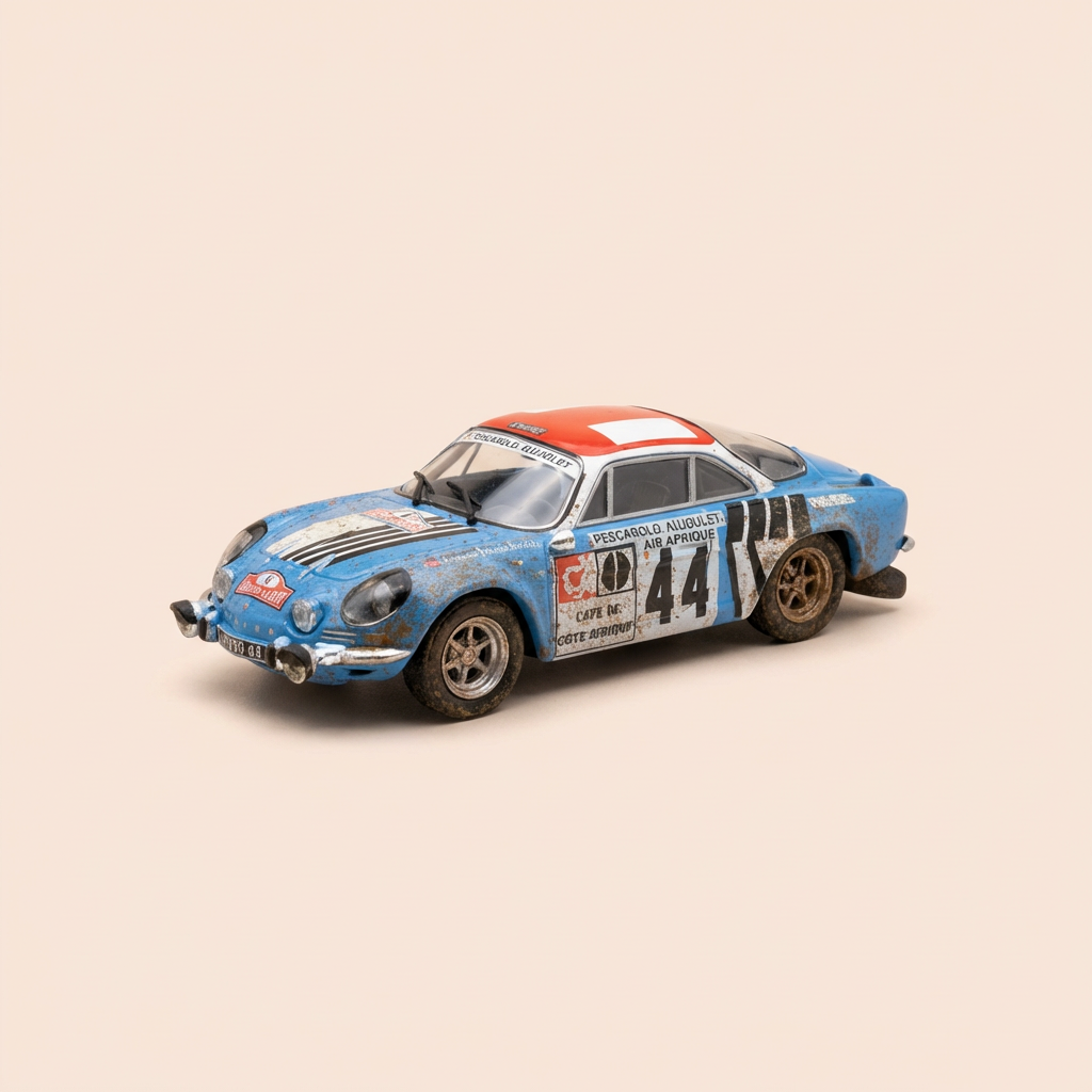 Renault Alpine A110 blu, bianca e rossa numero 44 - rally di Bandama (Côte d'Ivoire) del 1974
