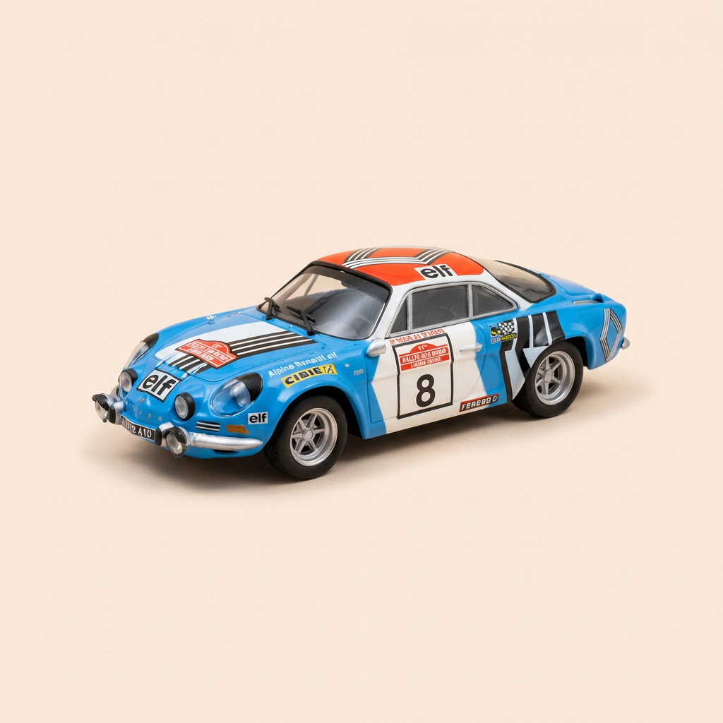 Renault alpine A110 blo, wäiss a rout Nummer 8 - San-Rémo Rallye 1973 (an Blister)