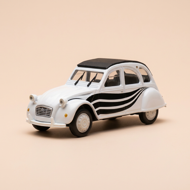 Voiture miniature - Citroën 2 CV 6 blanche avec rayures noires et toit noir - Norev