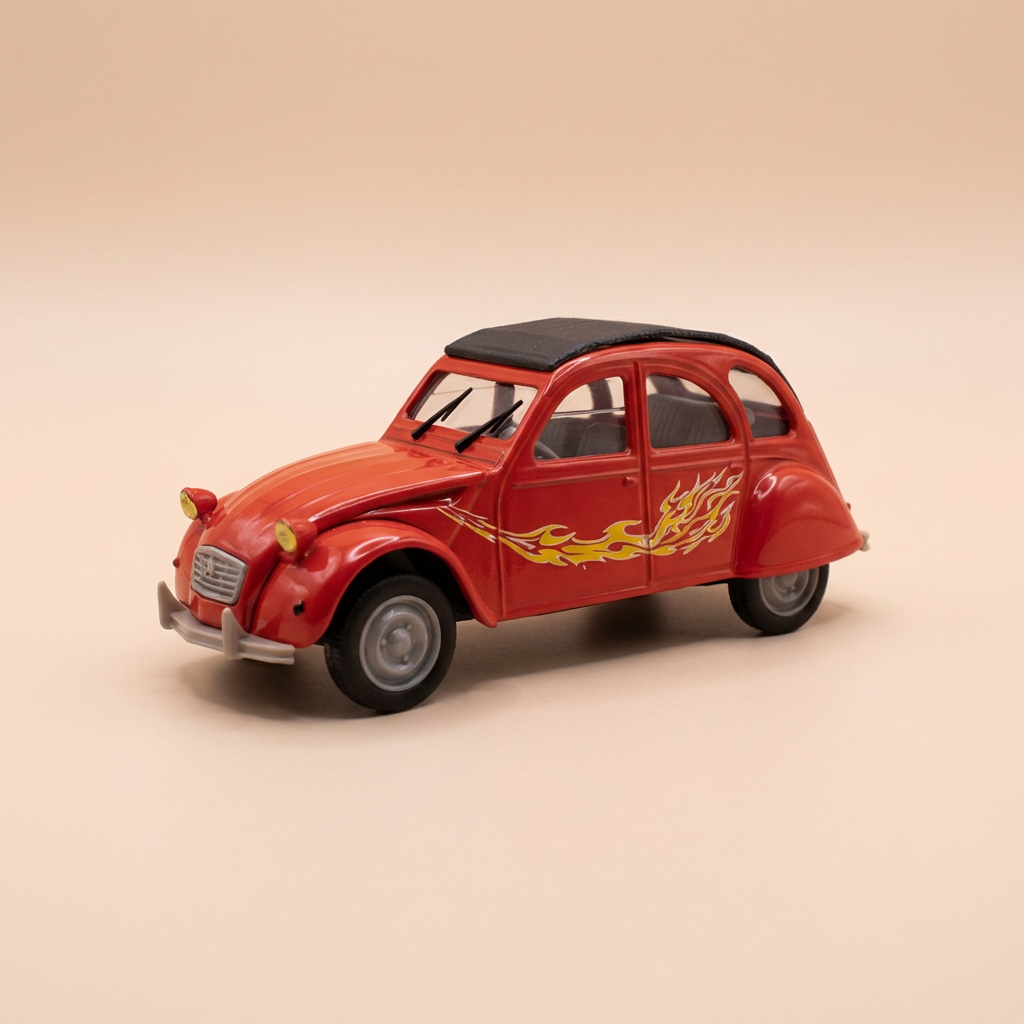 Voiture miniature - Citroën 2 CV 6 rouge orangée? avec dessin de flammes? - Norev