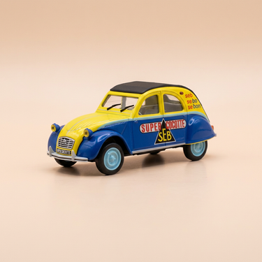 Voiture miniature - Citroën 2 CV AZL jaune et bleue avec publicité SEB (super cocotte) - Norev