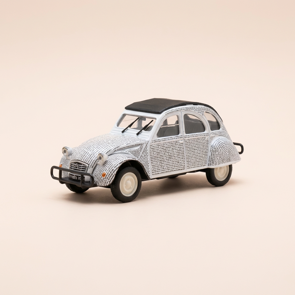 Voiture miniature - Citroën 2 CV 6 blanche avec des écritures noires (textes de Jacques Prévert) - Norev