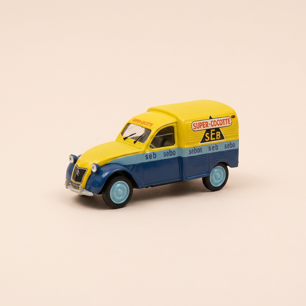 Citroën 2 CV AZU blaue und gelbe Lieferwagen mit Werbung SEB (super cocotte) - Norev