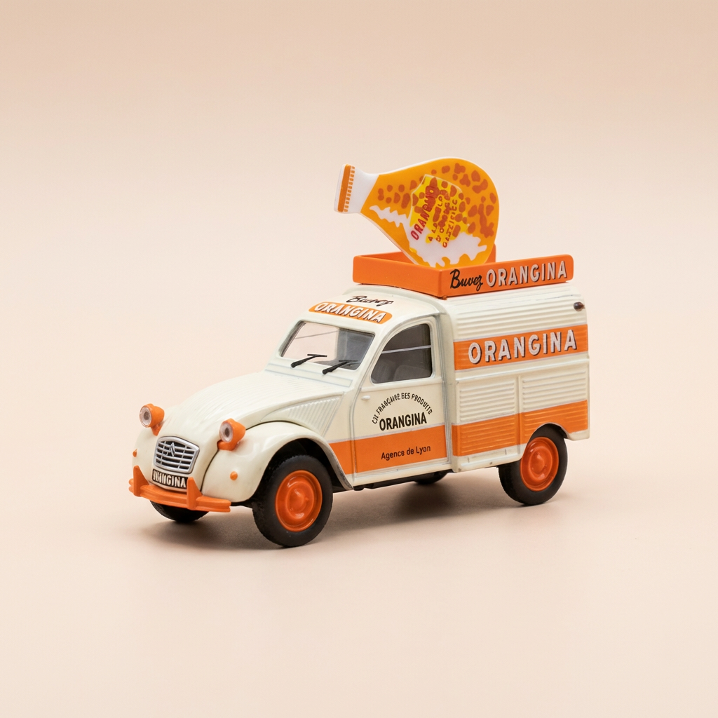Citroën 2 CV AZU fourgonnette orange et crème avec publicité ORANGINA - Norev (sous blister)