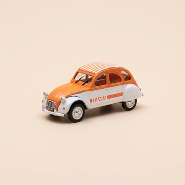 Voiture miniature - Citroën 2 CV 4 TRANSAT blanche et orange avec toit blanc et rayures oranges - Norev