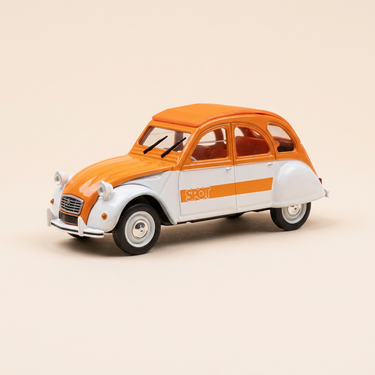Voiture miniature - Citroën 2 CV 4 SPOT blanche et orange et toit orange - Norev