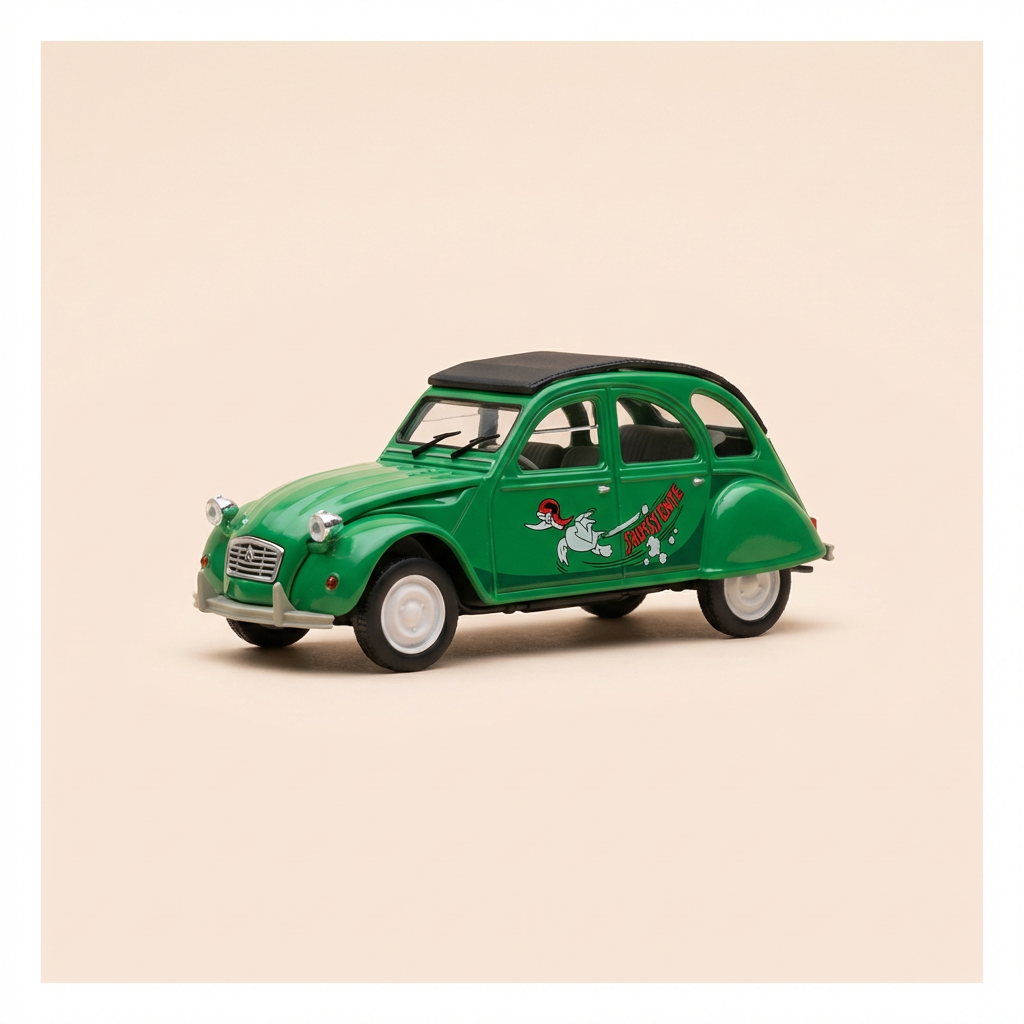 Citroën 2 CV 6 verte et toit noir (avec un dessin de canard? sur les portières) - Norev (sous blister)