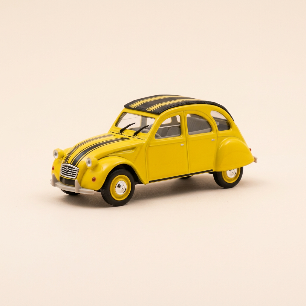 Citroën 2 CV 6 jaune avec rayures noires - Norev (sous blister) (ATTENTION: les phares avants sont de travers)