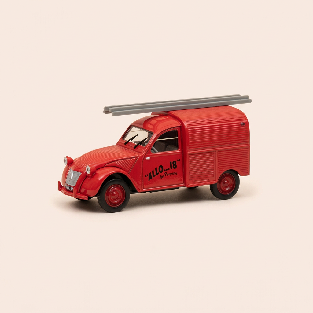 Voiture miniature - Citroën 2 CV AZU fourgonnette rouge avec échelle "ALLO 18 LES POMPIERS" - Norev
