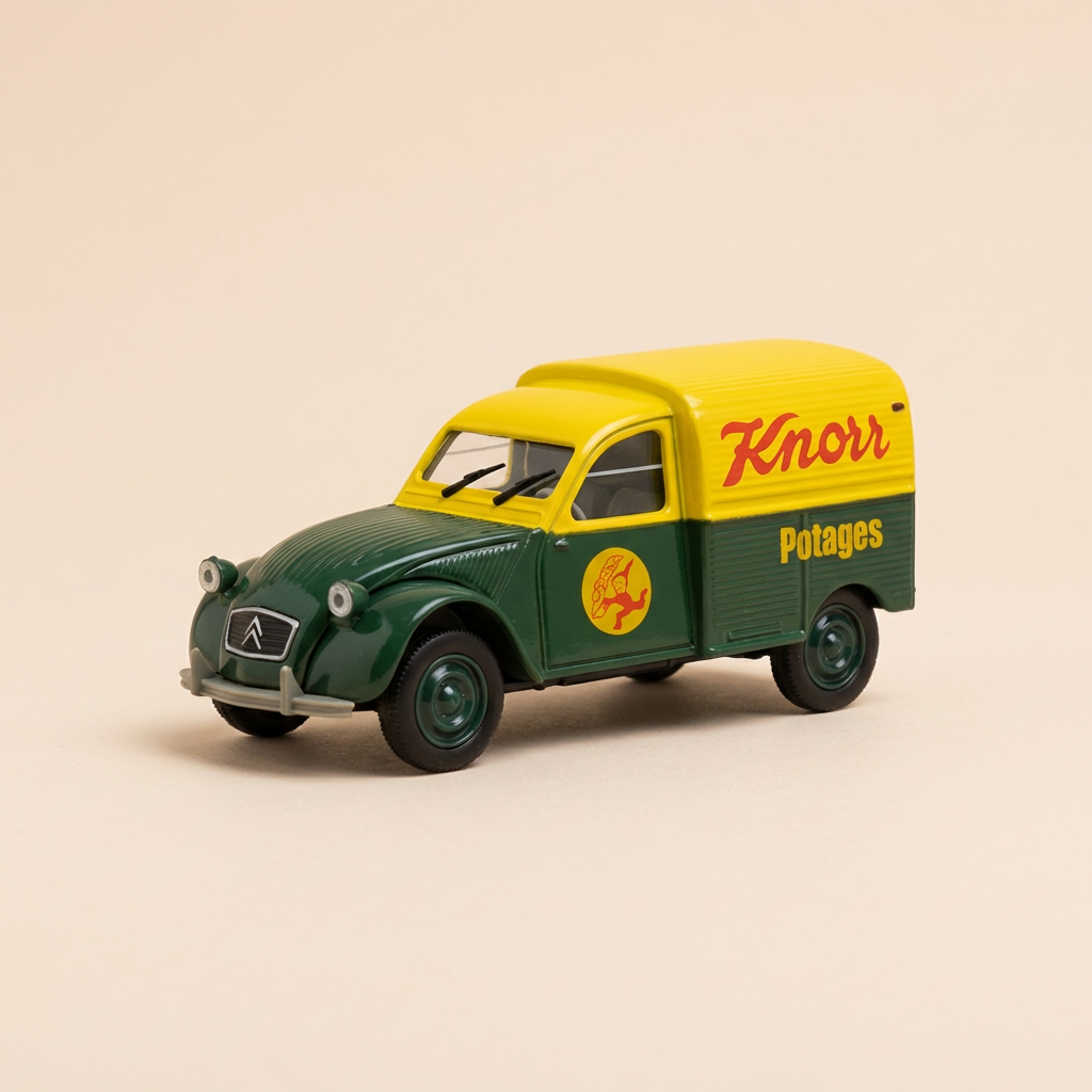 Voiture miniature - Citroën 2 CV AZU fourgonnette verte et jaune avec publicité Potages KNORR - Norev