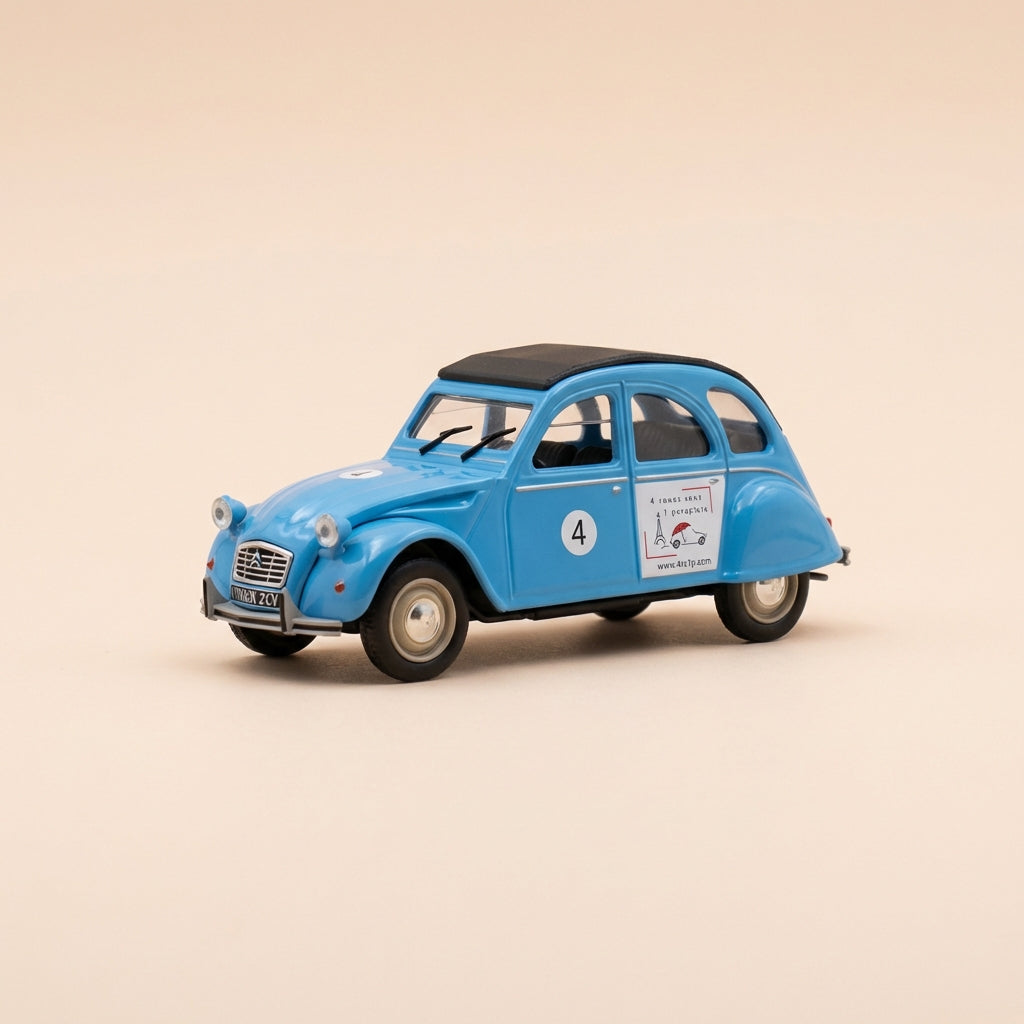 Voiture miniature - Citroën 2 CV 6 bleue et toit noir avec le numéro 4 et une publicité pour l'agence évènementielle "4 roues sous 1 parapluie" - Norev