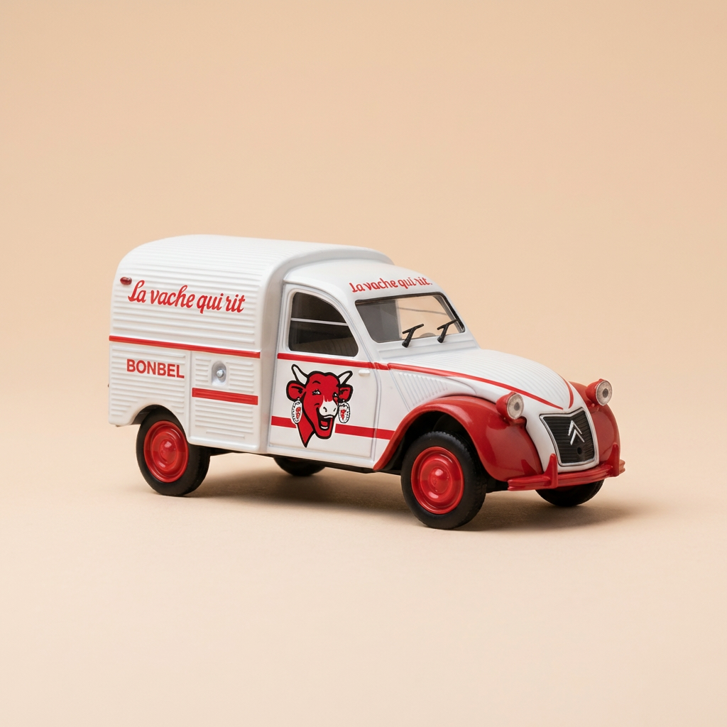 Citroën 2 CV AZU weiß und rot mit Werbung LA VACHE QUI RIT - Norev