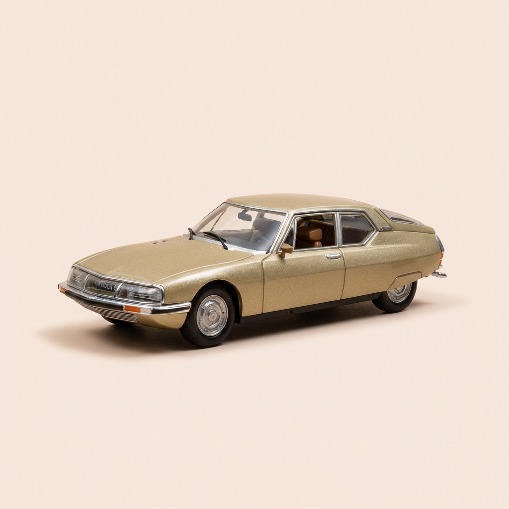 Citroën SM marron de 1970 (voiture rajoutée sur un socle - boite plexi)