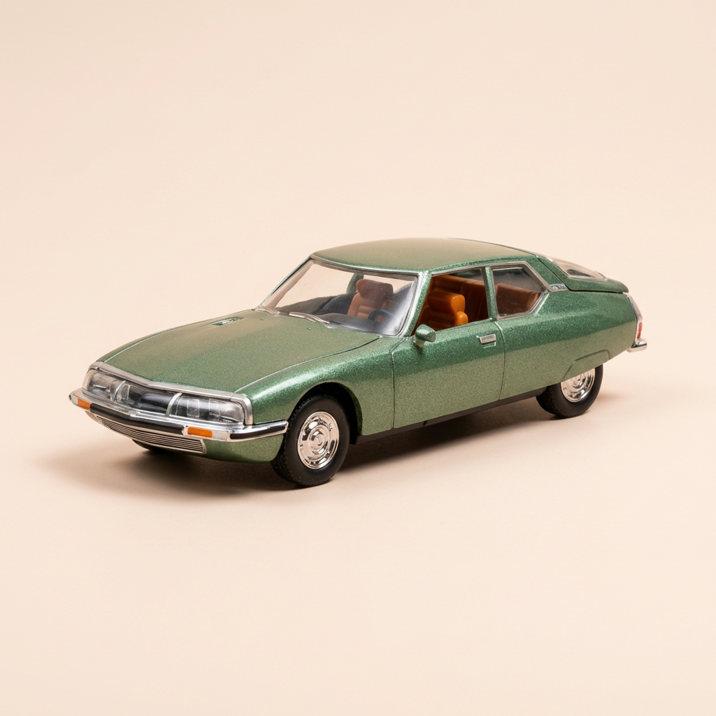 Citroën SM verte (voiture rajoutée sur un socle - boite plexi)