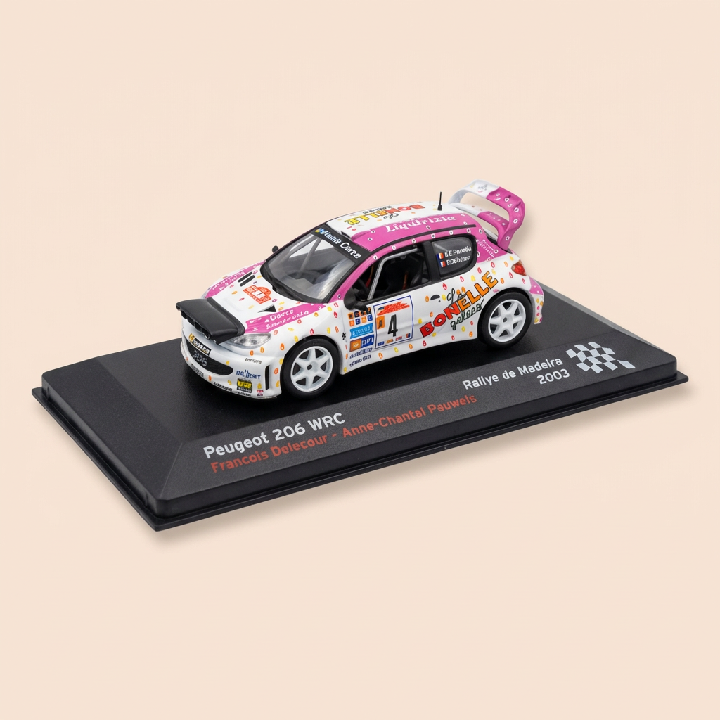 Peugeot 206 WRC blanche et rose numéro 4 - Rallye de Madeire 2003