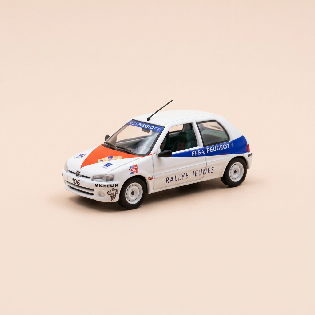 Peugeot 106 wäiss, rout an blou - rallye jonk 1996