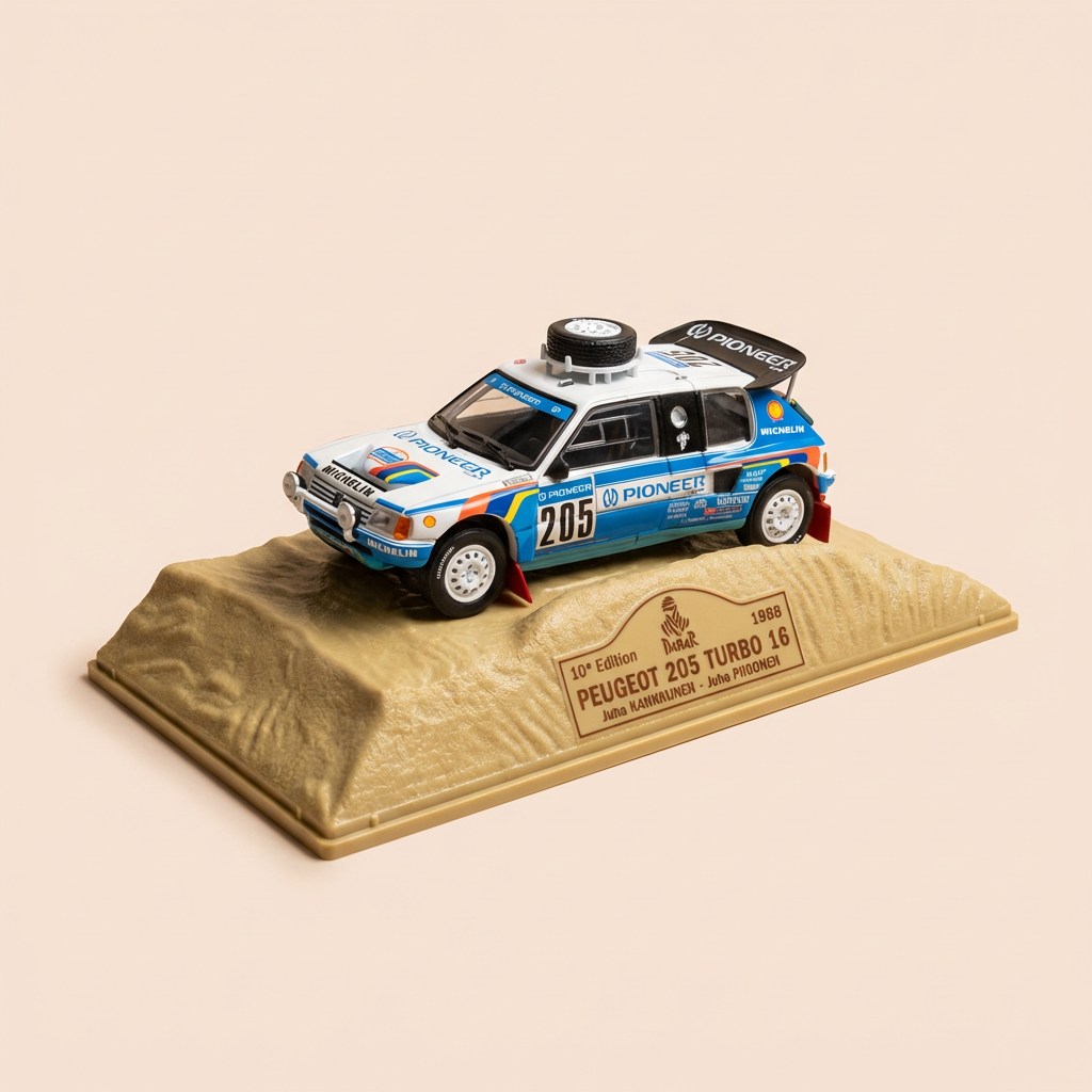 Peugeot 205 Turbo 16 blanche et bleue numéro 205 - Paris-Dakar 1988 (10ème édition)