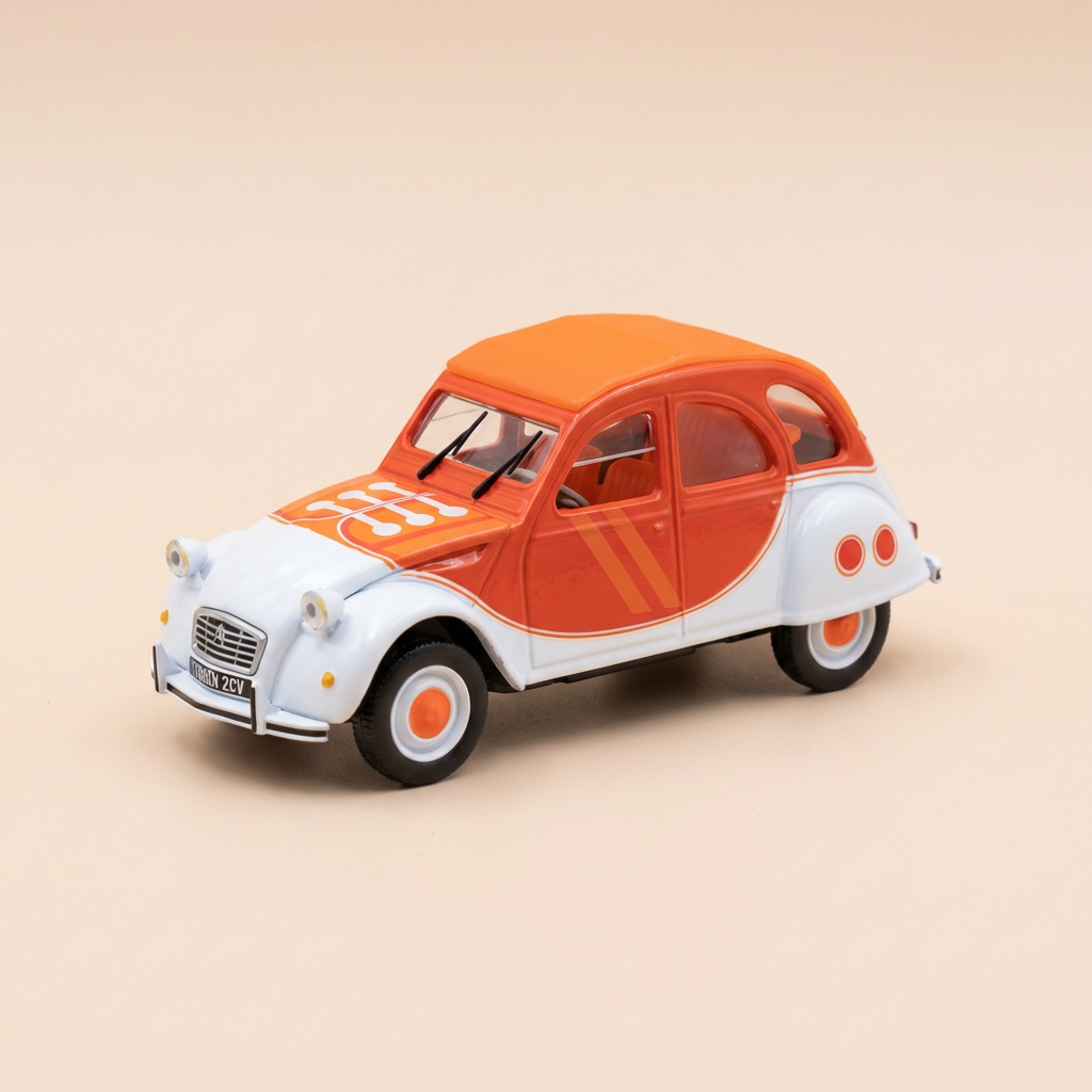 Citroën 2 CV 6 orange et blanche (avec dessin de lacet sur le capot) - Norev (sous blister)