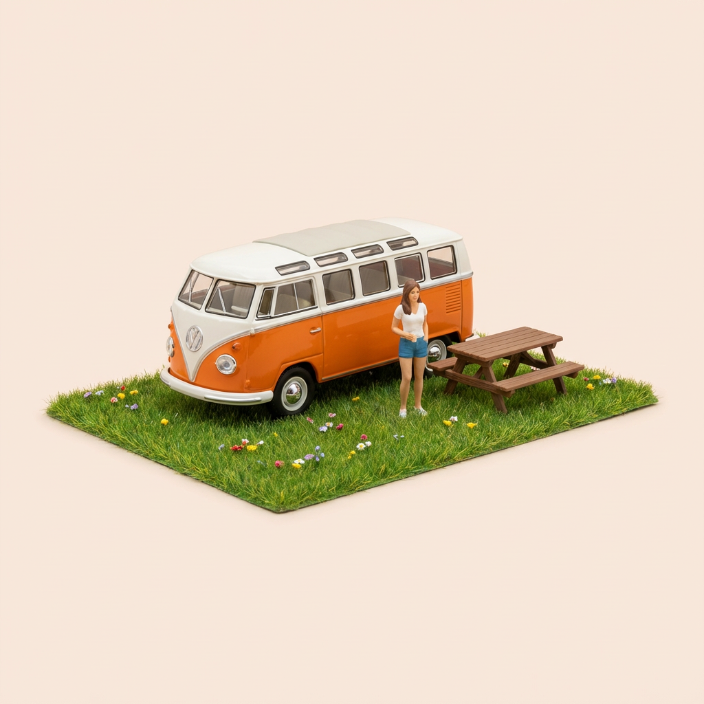 Volkswagen combi orange et toit blanc - La Nationale 7 - la route bleue